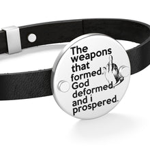 Load image into Gallery viewer, The Weapons That Formed .... (middle finger) sacred reminder everyday leather bracelet