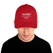 Load image into Gallery viewer, Greta Thunberg v. Trump inspired MAKE AMERICAN G̷R̷E̷A̷T̷  GRETA AGAIN Structured Twill Cap