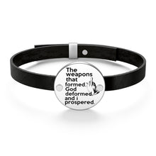 Load image into Gallery viewer, The Weapons That Formed .... (middle finger) sacred reminder everyday leather bracelet