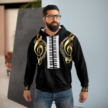 Load image into Gallery viewer, Rockstar Collection Metallic Gold Notes Piano Unisex Zip Hoodie