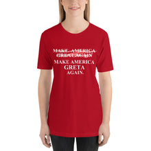 Load image into Gallery viewer, Greta Thunberg v. Trump inspired MAKE AMERICA  ̷G̷R̷E̷A̷T̷ GRETA AGAIN Short-Sleeve Unisex T-Shirt