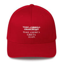 Load image into Gallery viewer, Greta Thunberg v. Trump inspired MAKE AMERICAN G̷R̷E̷A̷T̷  GRETA AGAIN Structured Twill Cap