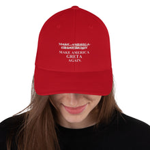 Load image into Gallery viewer, Greta Thunberg v. Trump inspired MAKE AMERICAN G̷R̷E̷A̷T̷  GRETA AGAIN Structured Twill Cap
